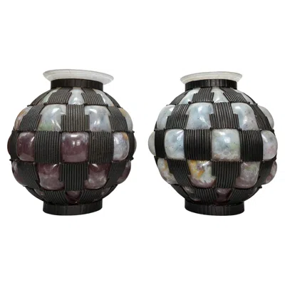 Pre-owned Daum Nancy Pair Of Art Deco Vases In Black