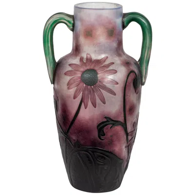 Pre-owned Daum Nancy Wheel-carved Cameo And Martele Glass Two-handled Vase In Transparent