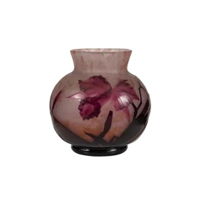 Pre-owned Daum Nancy Wheel-carved Cameo Glass Vase Iris In Brown