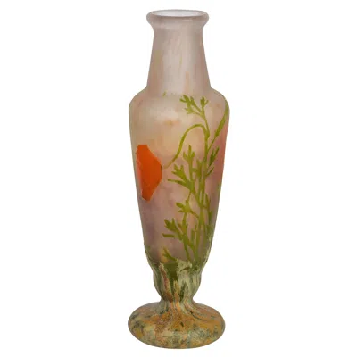 Pre-owned Daum Nancy Wheel-carved Cameo Glass Vase With Applied Flowers In Brown