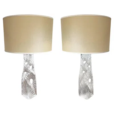 Pre-owned Daum Pair Of 1960s  Large Glass Table Lamps With Starburst Detail In Sand