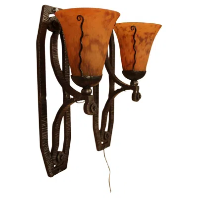 Pre-owned Daum Pair Of Art Deco Sconces From  And Wrought Iron In Brown
