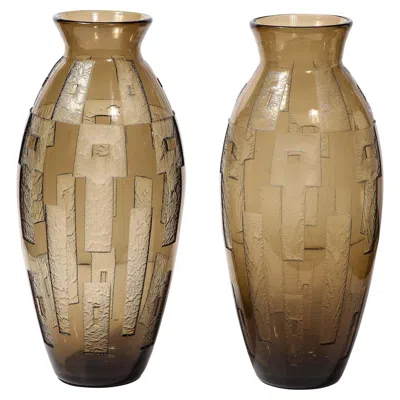 Pre-owned Daum Pair Of Art Deco Totem Form Vases In Acid Etched Smoked Geometric Glass By  In Brown