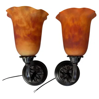 Pre-owned Daum Pair Of  Nancy Art Deco Wall Sconces In Gold