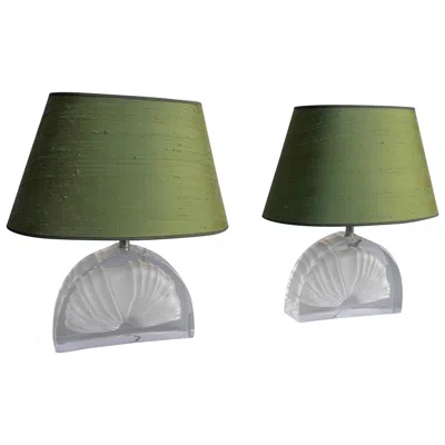 Pre-owned Daum Pair Of Fossil Shell Crystal Table Lamps With Green Silk Shades By  France