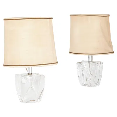Pre-owned Daum Pair Of French Midcentury Crystal Table Lamps By  In White