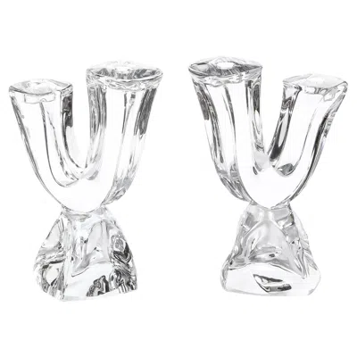 Pre-owned Daum Pair Of Mid-century Modernist Sculptural Crystal Candelabras Signed  In Gray