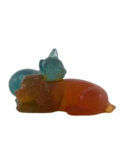 Pre-owned Daum Pâte De Verre Cat And Dog Figurine In Brown/green