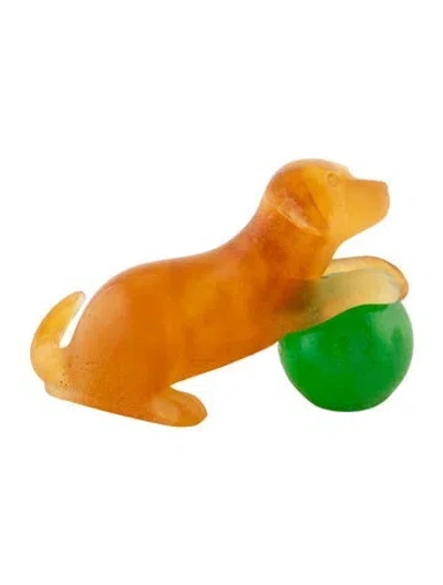 Pre-owned Daum Pâte De Verre Crystal Dog With Ball Figurine In Brown