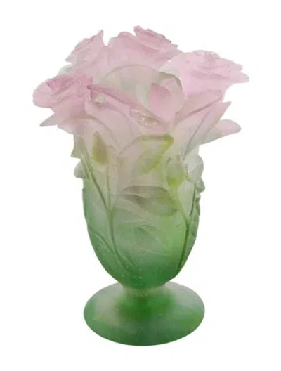 Pre-owned Daum Pâte De Verre Rose Passion Vase In Green