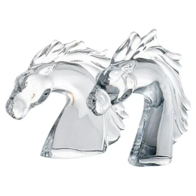 Pre-owned Daum Set Of 2  Horse Head Clear Crystal Glass Sculpture, France In Gray