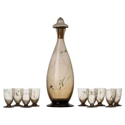 Pre-owned Daum Sports Themed Art Deco Carafe And Glasses, Unique Set By , France In Sand