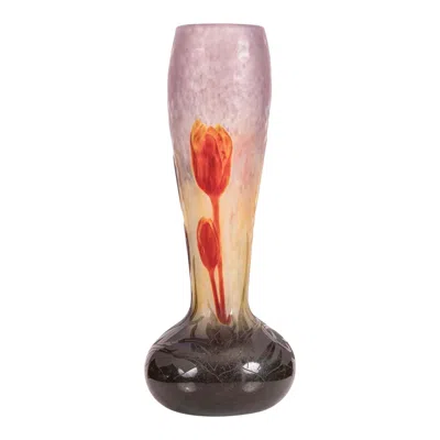 Pre-owned Daum Superb And Very Fine  Nancy Wheel-carved Cameo And Martele Glass Vase In Sand