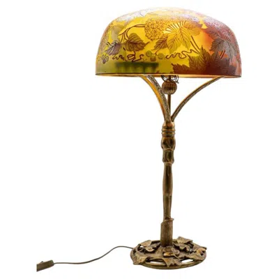 Pre-owned Daum Table Lamp Bronze Multicolor Floral Glass, France In Brown
