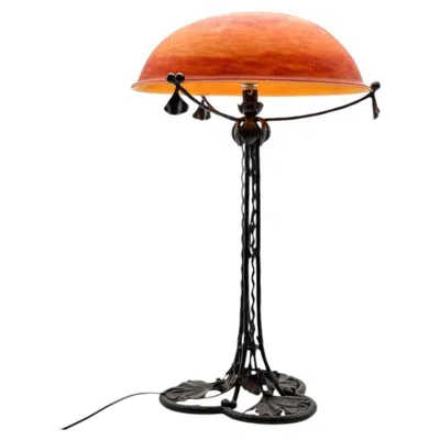 Pre-owned Daum Table Lamp Iron Leafs Amber Crystal Glass, France In Brown