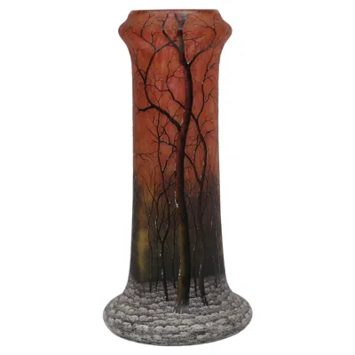 Pre-owned Daum Vase With Winter Motif By Nancy  In Brown