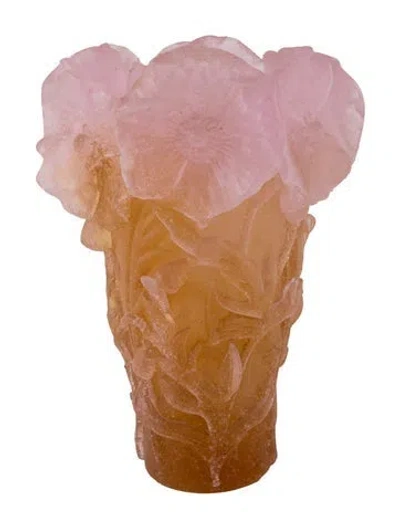 Pre-owned Daum Vintage Pâte De Verre Crystal Floral Hibiscus Vase In Orange/pink