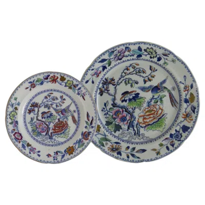 Pre-owned Davenport Porcelain Dinner And Side Plate English Ironstone In Flying Bird Ptn, 19th Century In Gray
