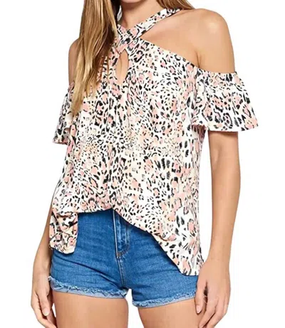 Davi & Dani Amelia Animal Print Cold-shoulder Top In Pink