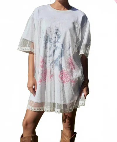 Davi & Dani Angel Printed Dotted Mesh Layered Dress In Heather Grey
