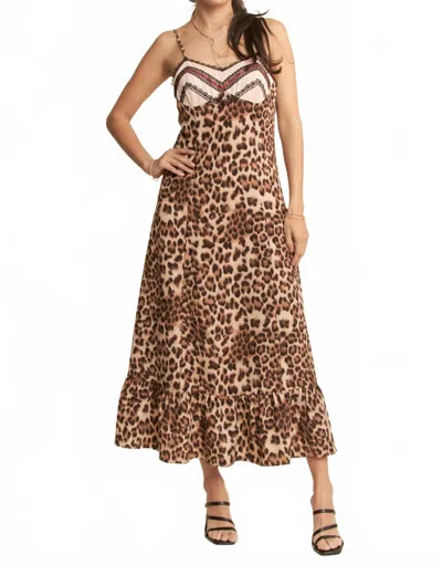 Davi & Dani Animal Printed Chest Lace Detail Maxi Slip Dress In Taupe Cheetah In Brown