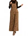 Davi & Dani Animal Printed Denim Wide Open Leg Overall Pants In Brown In Brown