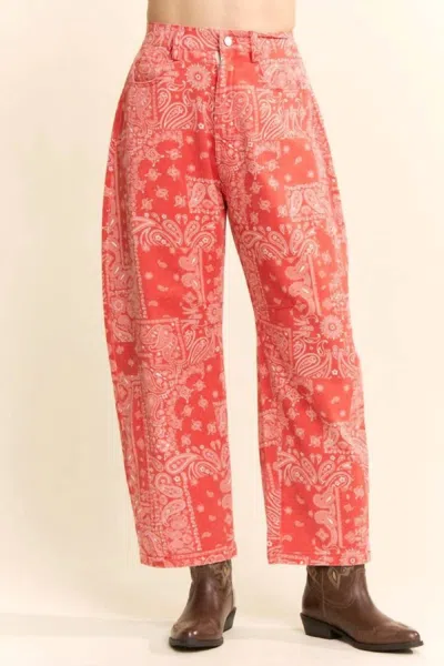 Davi & Dani Bandana Print High-rise Barrel Pants In Red In Multi
