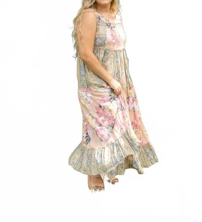 Davi & Dani Boho Blossom Mixed Stripe Midi Dress In Pink Multi
