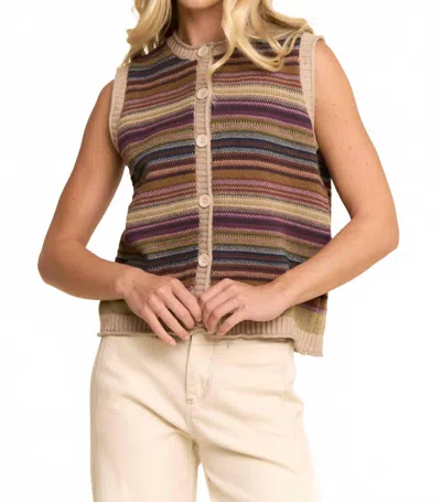 Davi & Dani Button-down Front Stripes Ribbed Trim Vest In Light Beige Multi