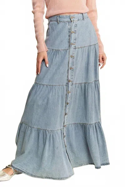Davi & Dani Button Front Ruffle Hem Maxi Skirt In Denim In Blue