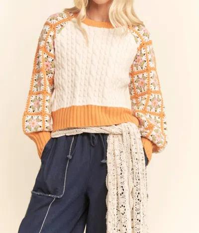 Davi & Dani Cable Knit Ribbed Cuffs Sweater Top In Cream/orange In Multi