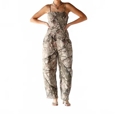 Davi & Dani Camo Denim Jumpsuit In Beige In Multi