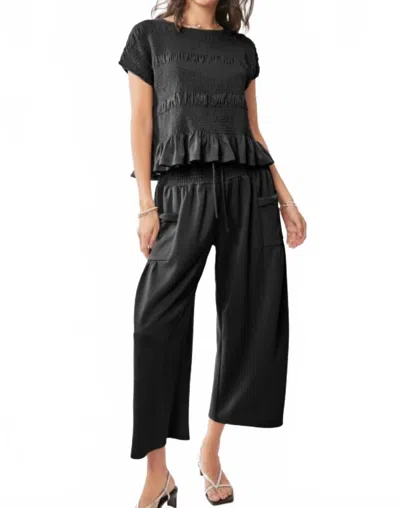 Davi & Dani Cap Sleeve Top And Waistband Pant Set In Black