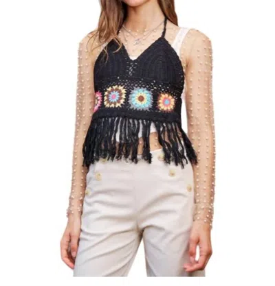 Davi & Dani Charlotte Fringe Hem Crochet Halter Top In Black
