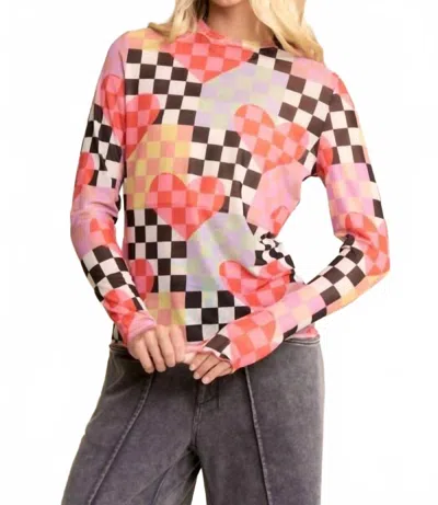 Davi & Dani Checkered Heart Mesh Long Sleeve Top - Plus In Red Black In Multi