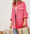 Davi & Dani Collared Overshirt With Front Pockets & Raw Edge In Red