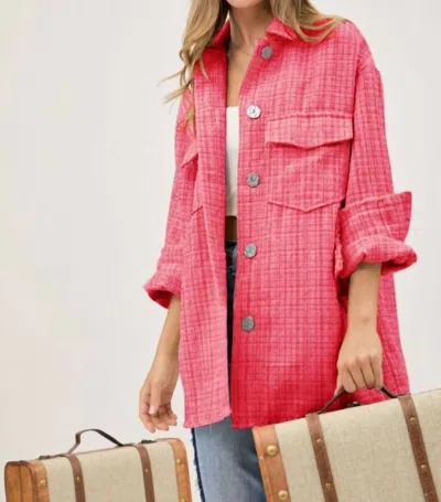 Davi & Dani Collared Overshirt With Front Pockets & Raw Edge In Red