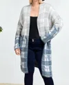 Davi & Dani Color Block Plaid Pattern Long Cardigan In White In Blue