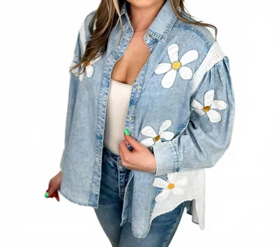 Davi & Dani Confidence Is Key Long Sleeve Button Up Top In Denim In Blue