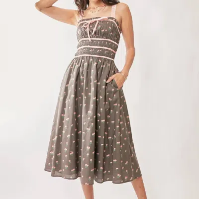Davi & Dani Contrast Velvet Tape Smocking Bodice Midi Dress In Mocha Brown In Gray