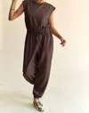 Davi & Dani Crew Neck Rhinestone Jumpsuit In Brown