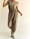 Davi & Dani Crew Neck Rhinestone Jumpsuit In Mocha