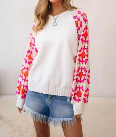 Davi & Dani Crochet Detailed Long Sleeve Knit Sweater Top In White