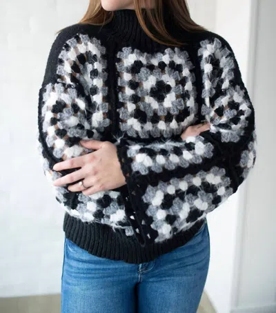Davi & Dani Crochet Turtleneck Crop Sweater In Black