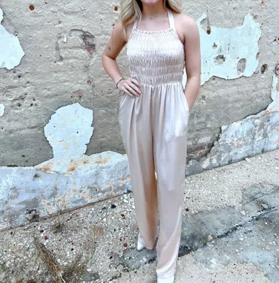 Davi & Dani Davina Halter Neck Tie Closure Smocked Jumpsuit In Champagne