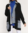 Davi & Dani Denim Collar And Pocket Knit Cardigan In Black In Black