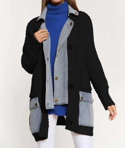 Davi & Dani Denim Collar And Pocket Knit Cardigan In Black