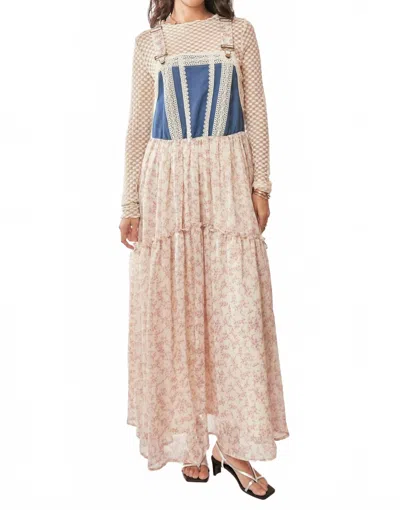 Davi & Dani Denim With Lace Overall Midi Dress In Pink Floral In Multi