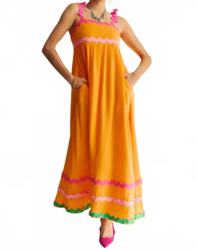 Davi & Dani Double Gauze Tie Wavy Trim Detail Maxi Dress In Sunrise Orange In Multi