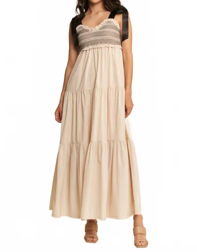 Davi & Dani Dustbowl Darling Multi Contrast Smocked Bodice Straps Maxi Dress In Beige In Neutral